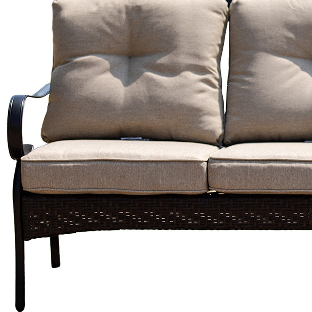 69" Beige Polyester Blend Settee with Tufted Cushions and Black Metal Legs