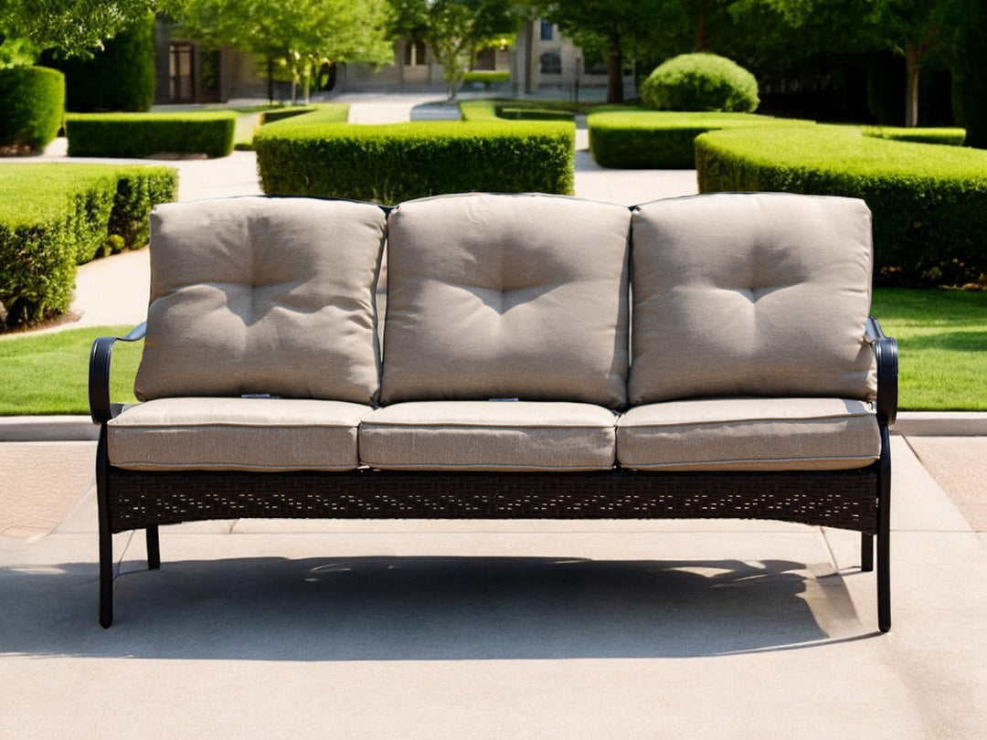 69" Beige Polyester Blend Settee with Tufted Cushions and Black Metal Legs