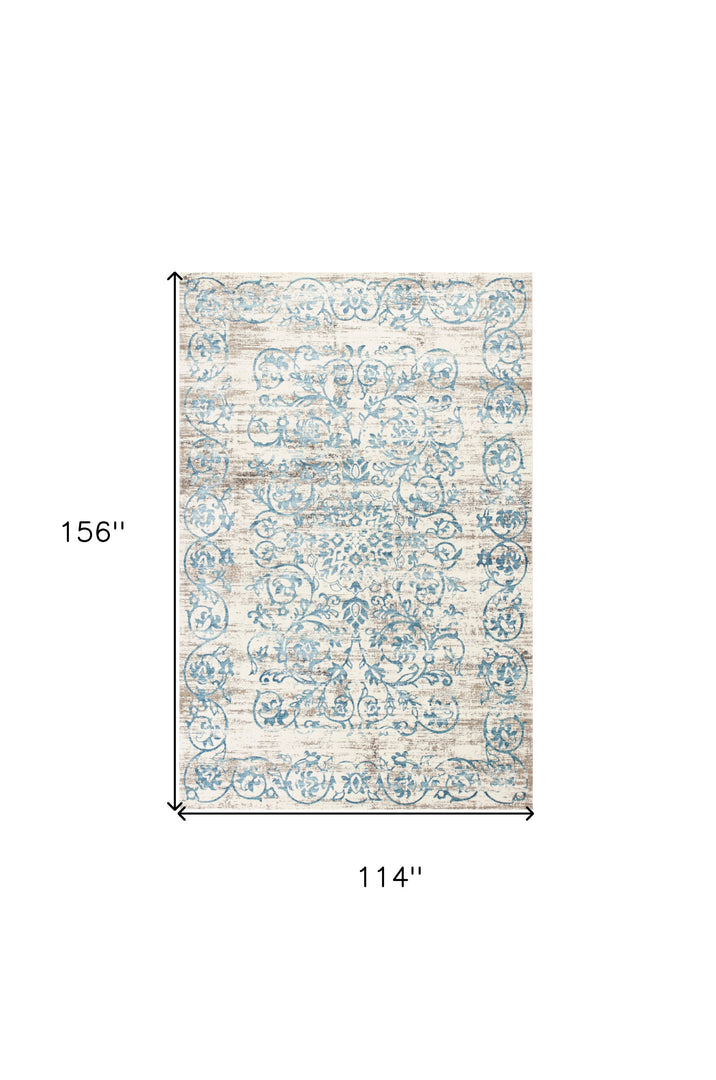 10' X 13' Ivory and Blue Floral Area Rug