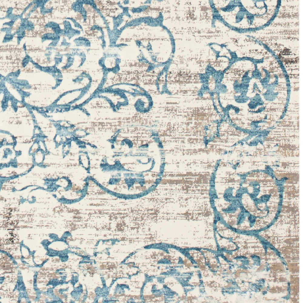 10' X 13' Ivory and Blue Floral Area Rug