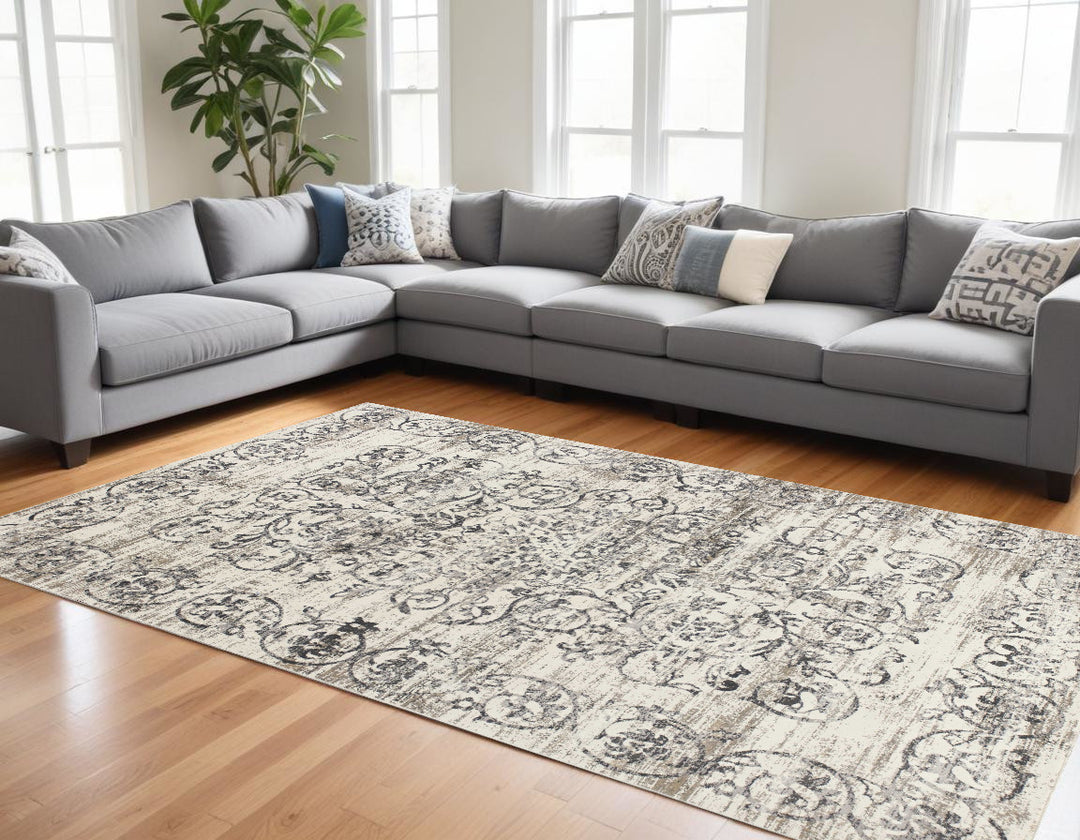 10' X 13' Gray and Ivory Floral Area Rug