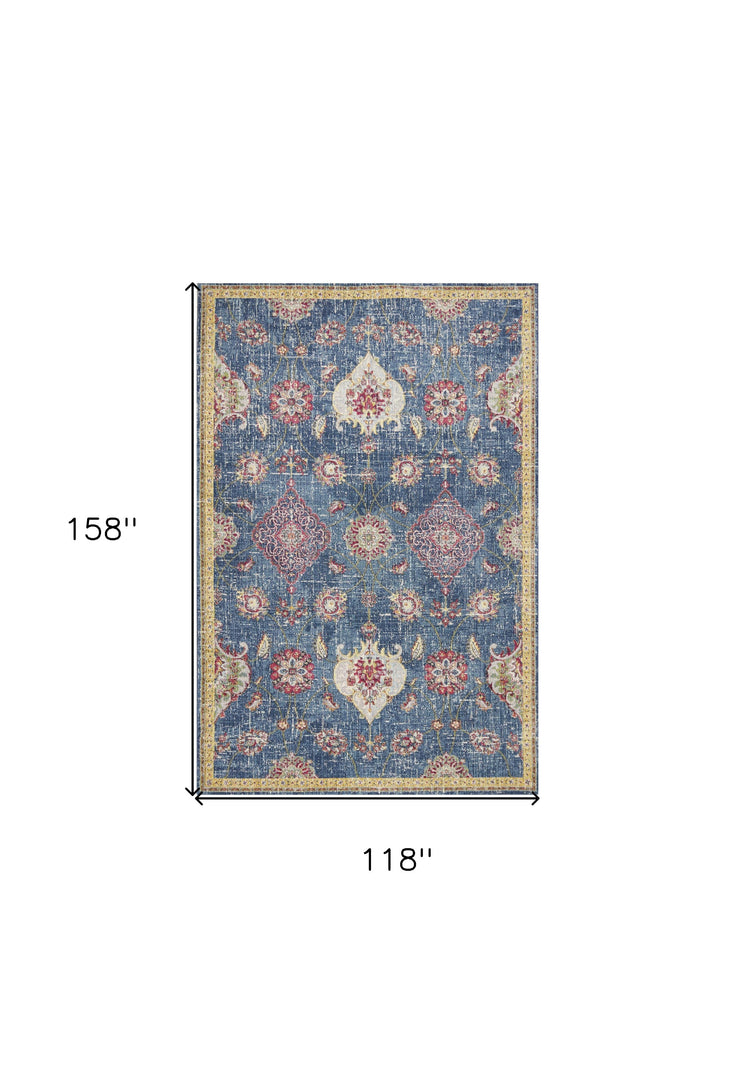 10' X 13' Blue Red and Yellow Floral Area Rug