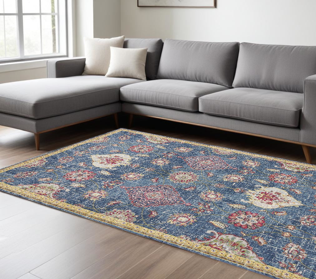 10' X 13' Blue Red and Yellow Floral Area Rug