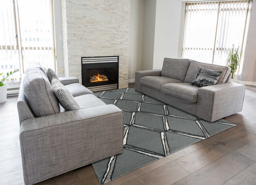 115' Gray Wool Geometric Hand Tufted Area Rug