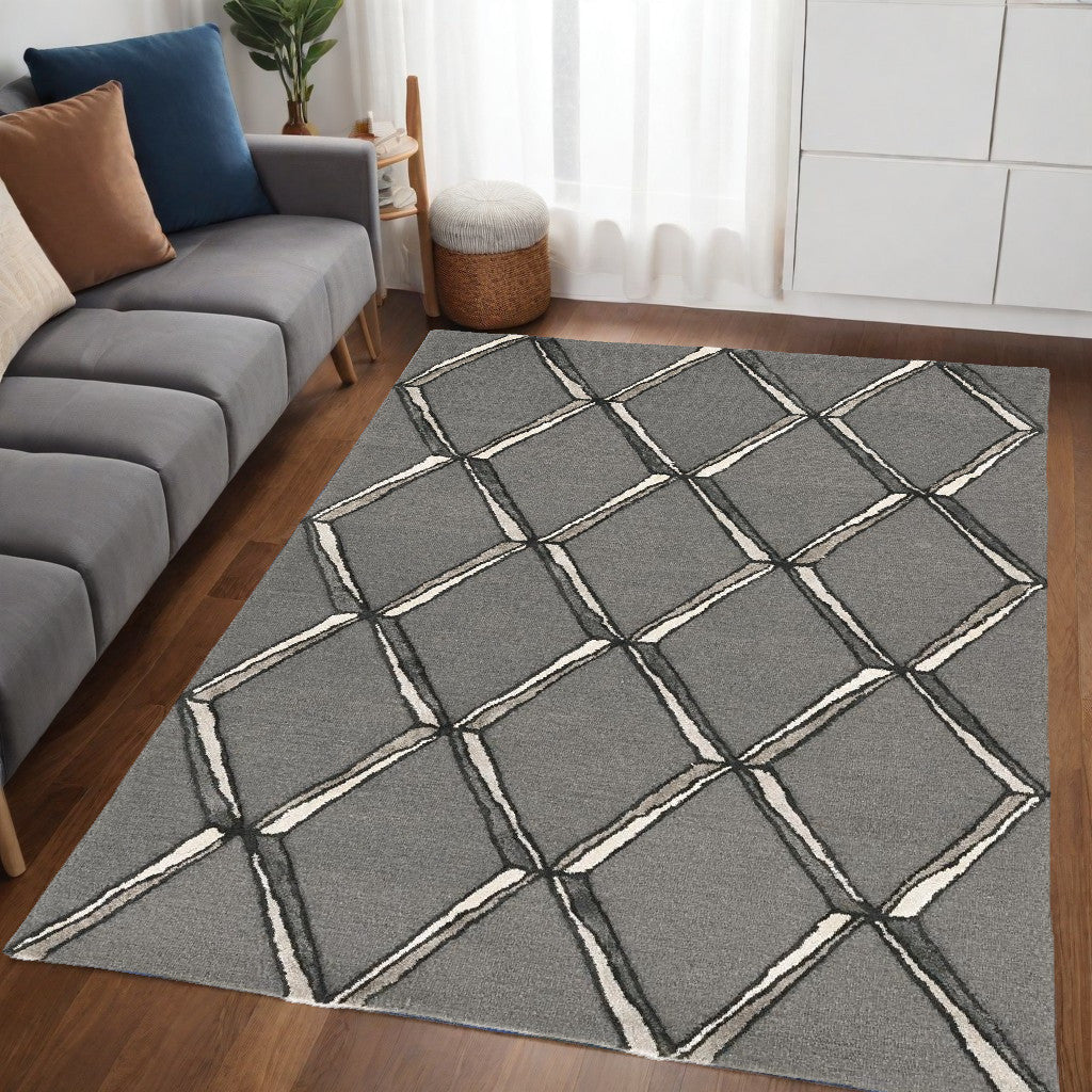 115' Gray Wool Geometric Hand Tufted Area Rug