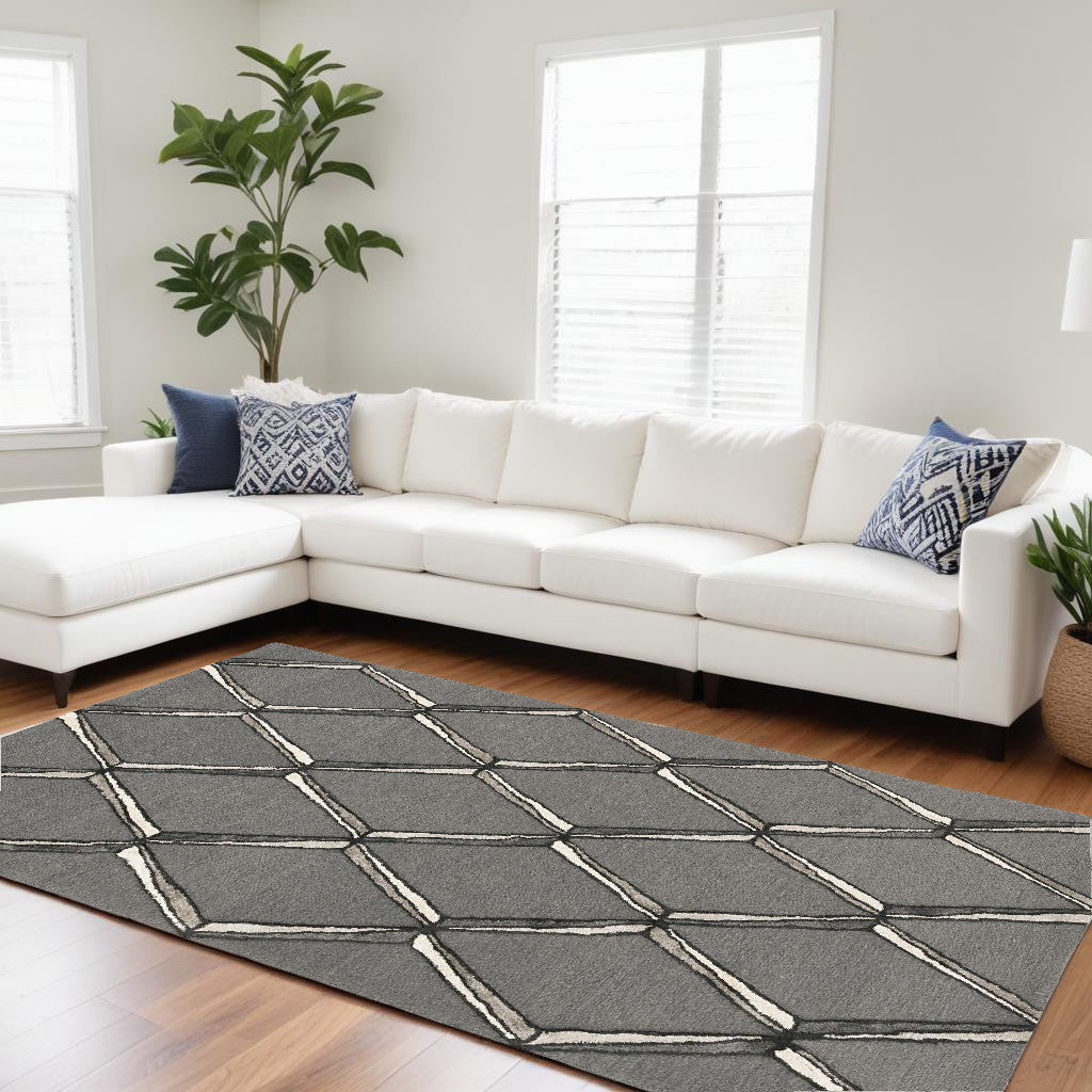 115' Gray Wool Geometric Hand Tufted Area Rug