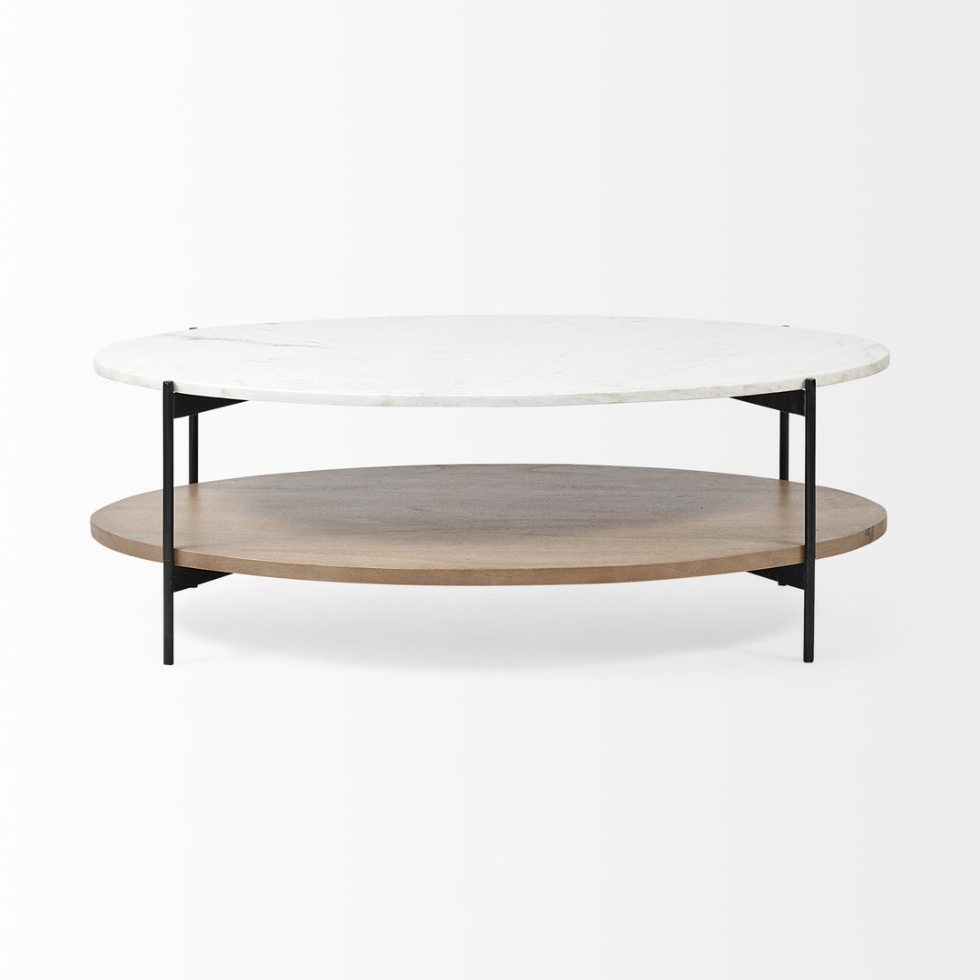 Oval White Marble Top And Black Metal Base Coffee Table W Wood Shelf