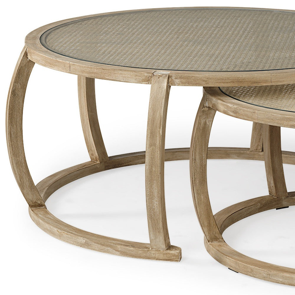 S2 41.5" Round Woven Cane Glass Top And Solid Wood Coffee Tables