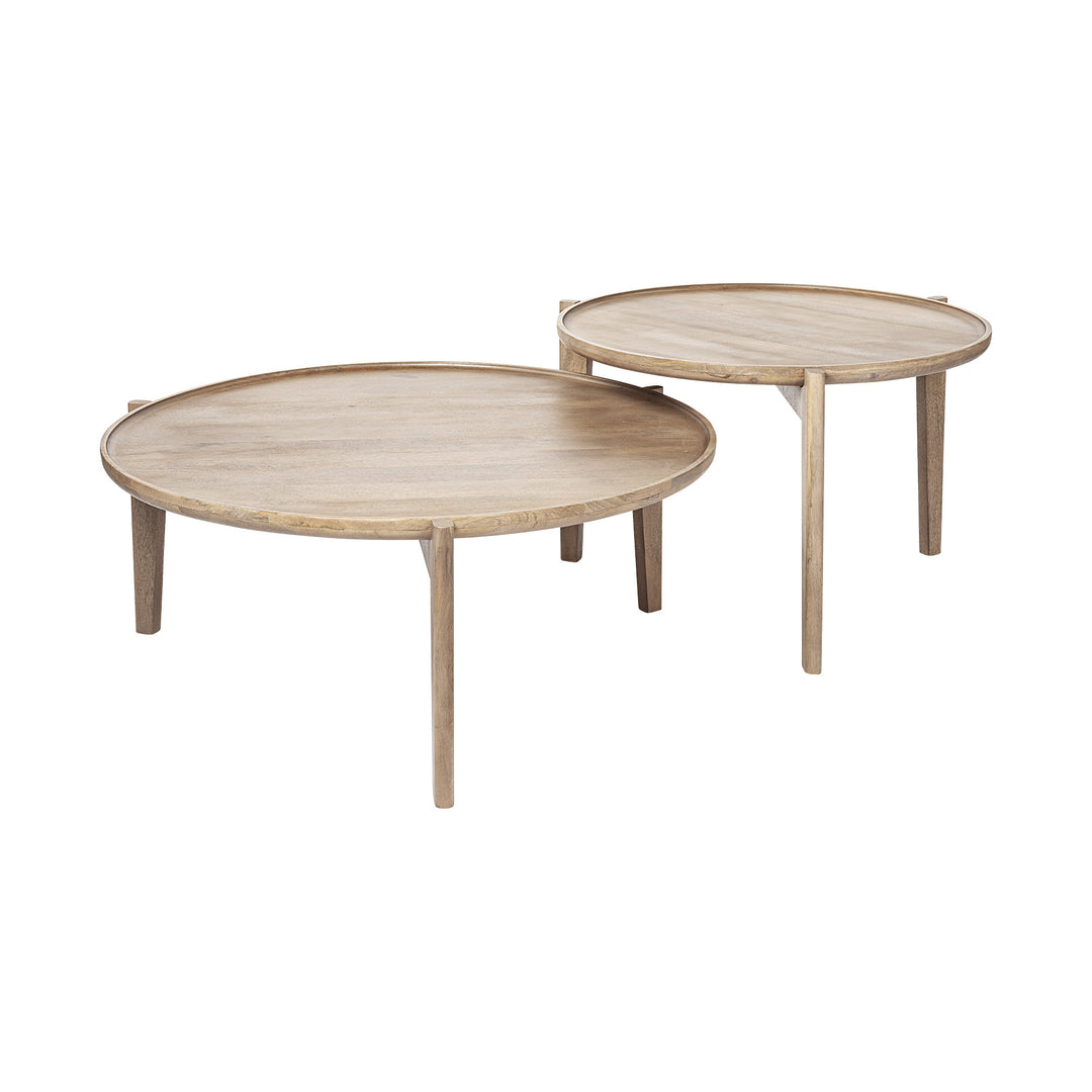 Set of Two 40" Brown Solid Wood Round Nested Coffee Tables