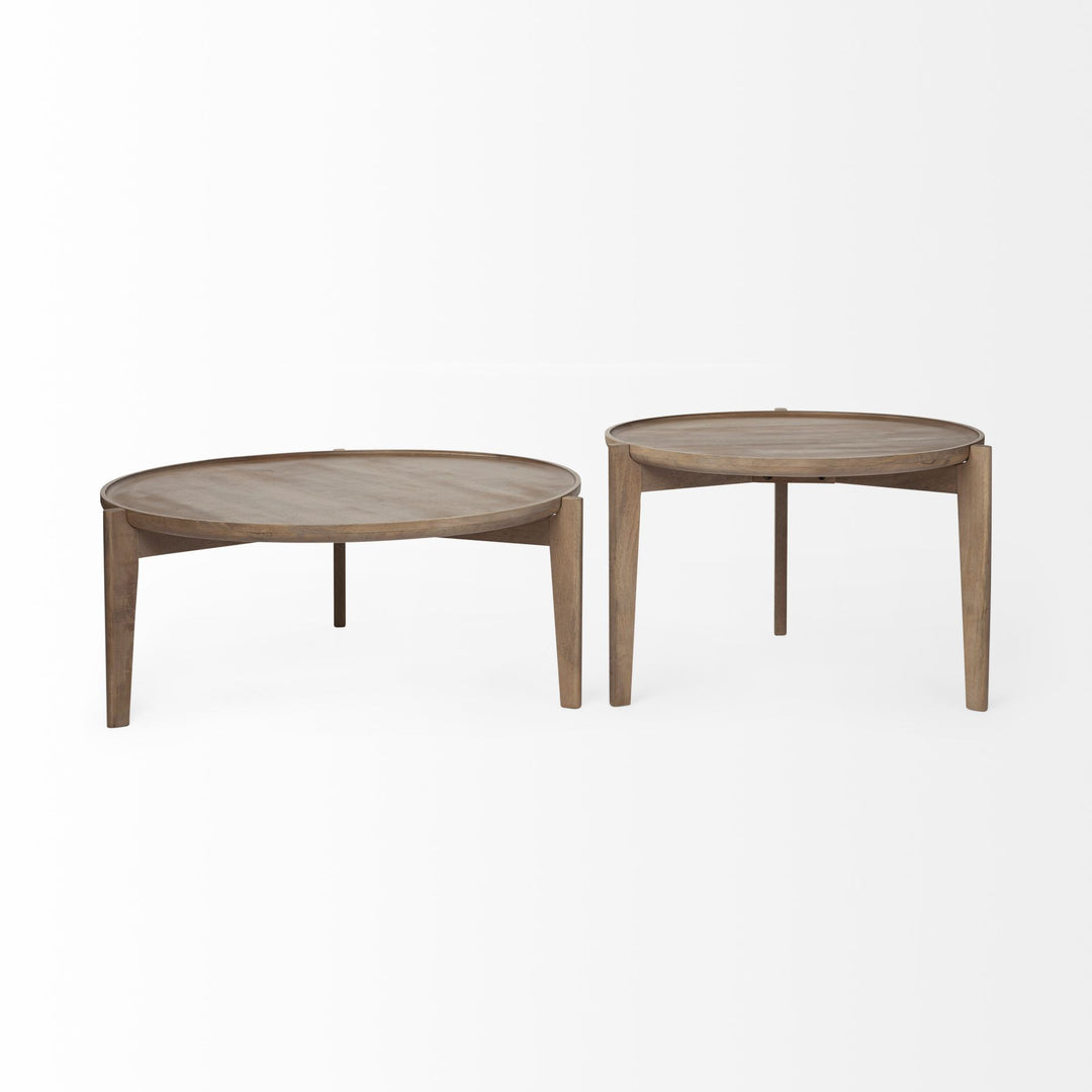 Set of Two 40" Brown Solid Wood Round Nested Coffee Tables