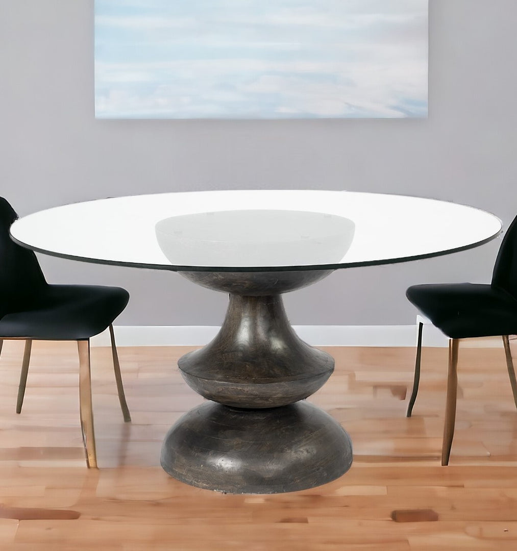 60-Inch Clear and Brown Round Glass Pedestal Dining Table