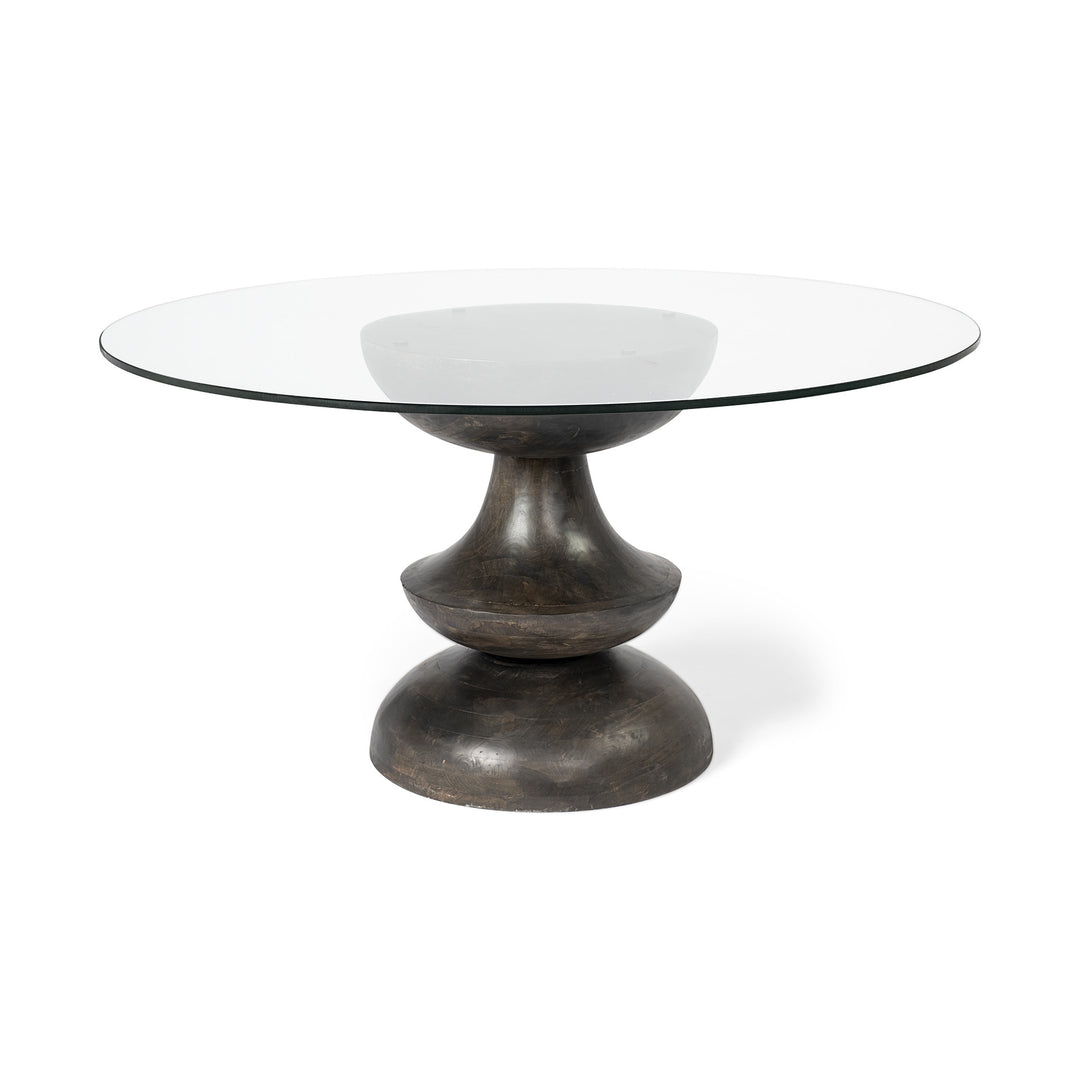 60-Inch Clear and Brown Round Glass Pedestal Dining Table