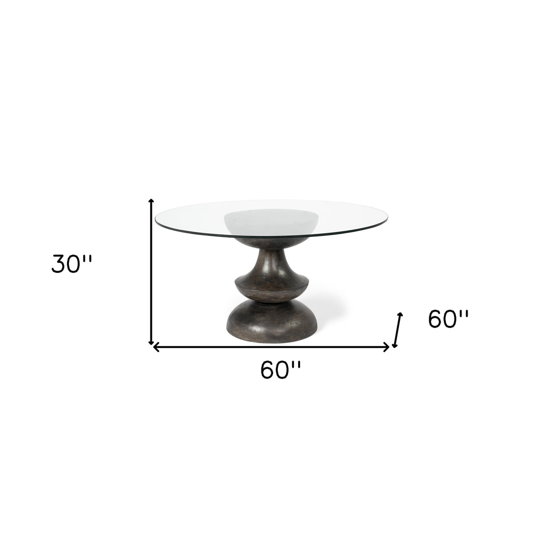 60-Inch Clear and Brown Round Glass Pedestal Dining Table