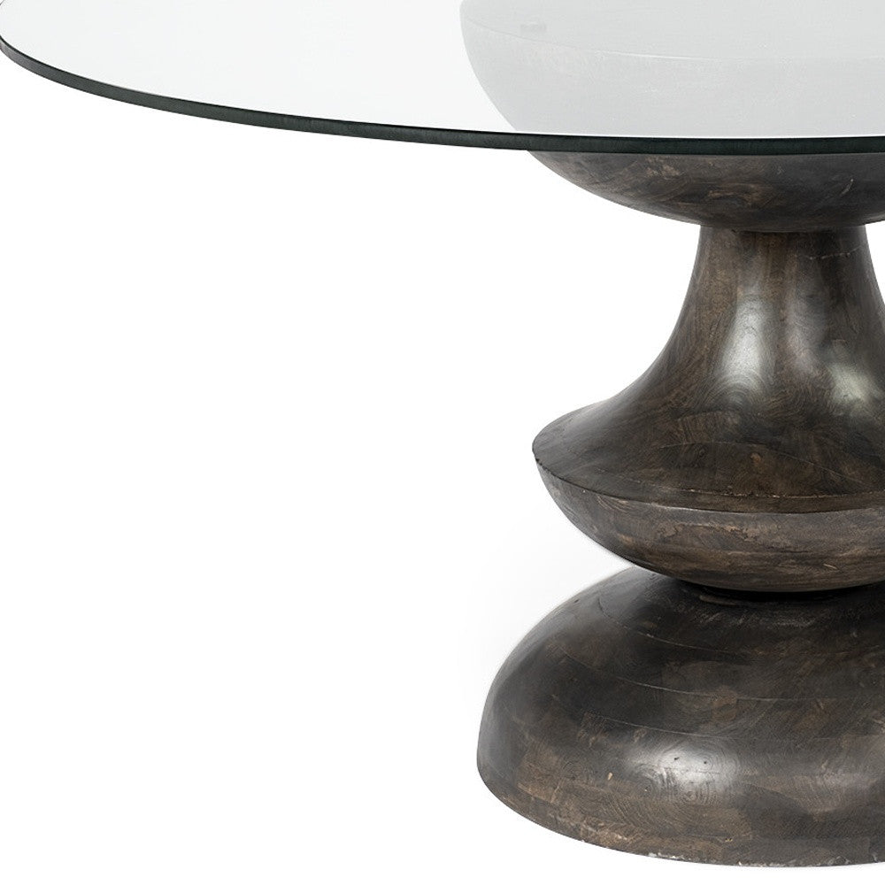 60-Inch Clear and Brown Round Glass Pedestal Dining Table