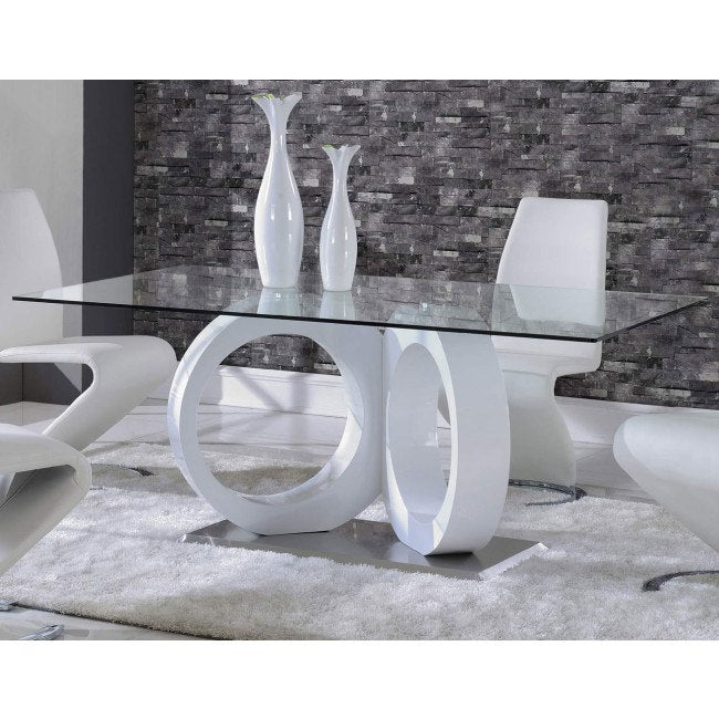 White High-Gloss Geometric Pedestal Dining Table with Rectangular Glass Top