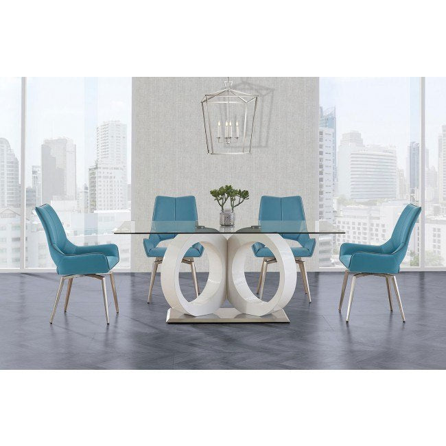 White High-Gloss Geometric Pedestal Dining Table with Rectangular Glass Top