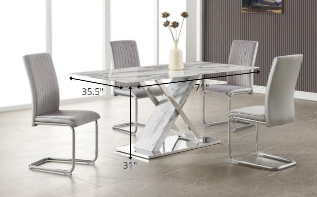 71" Silver and Gray Marble Pedestal Dining Table with Stainless Steel Base