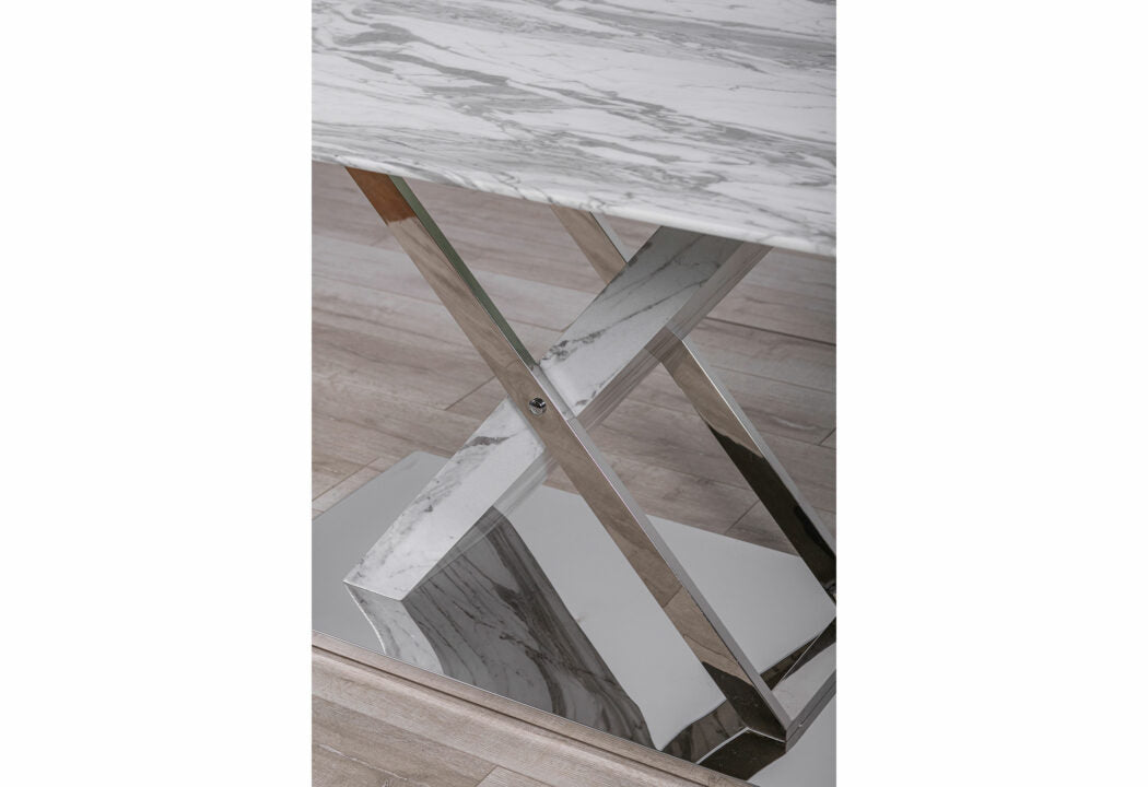 71" Silver and Gray Marble Pedestal Dining Table with Stainless Steel Base