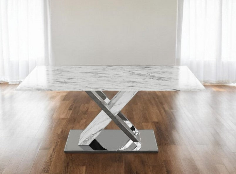 71" Silver and Gray Marble Pedestal Dining Table with Stainless Steel Base