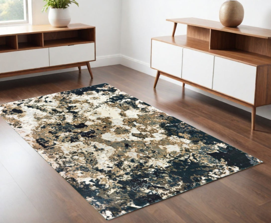 2' X 8' Ivory Navy Abstract Marble Indoor Runner Rug