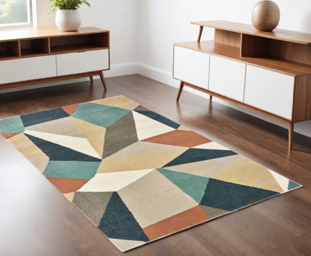 2' X 3' Blue Green Beige Retro Wedge Indoor Area Rug