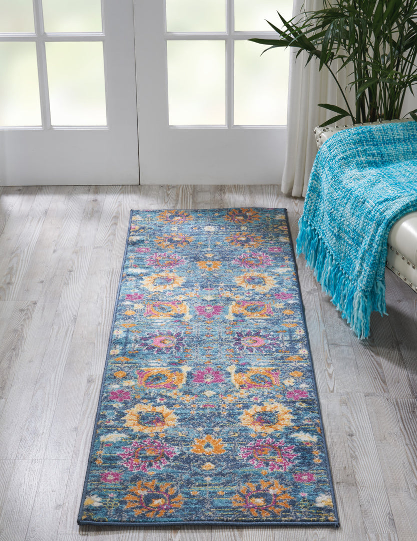 6' Blue And Orange Floral Power Loom Runner Rug