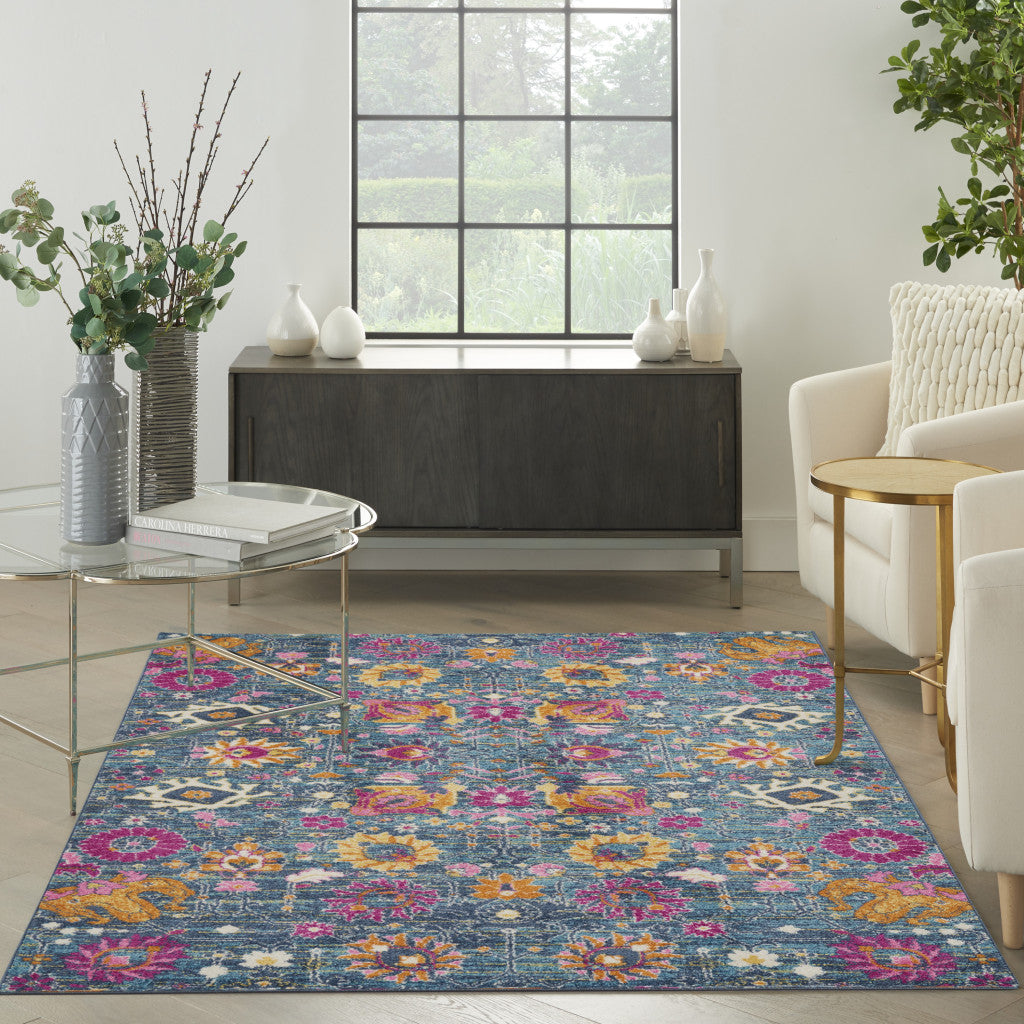 6' Blue And Orange Floral Power Loom Runner Rug