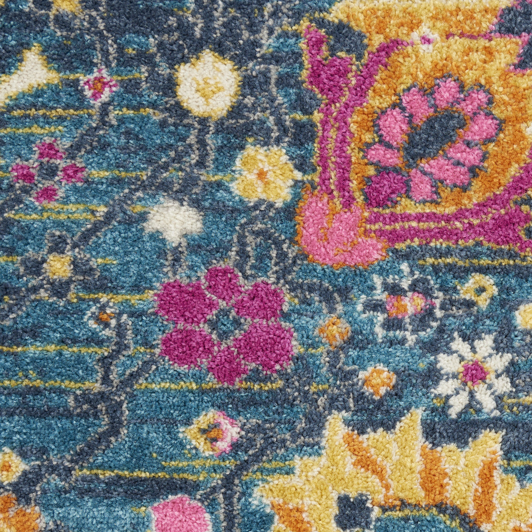 6' Blue And Orange Floral Power Loom Runner Rug