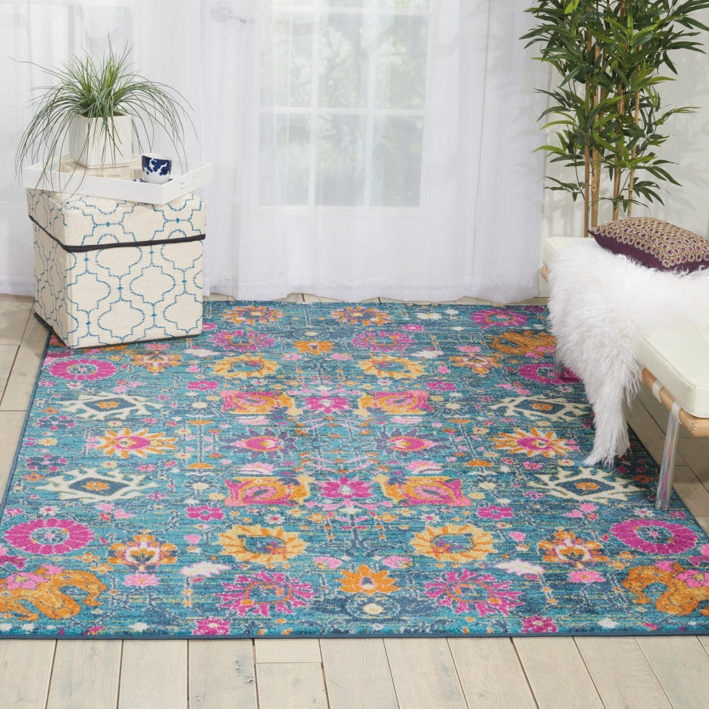 6' Blue And Orange Floral Power Loom Runner Rug