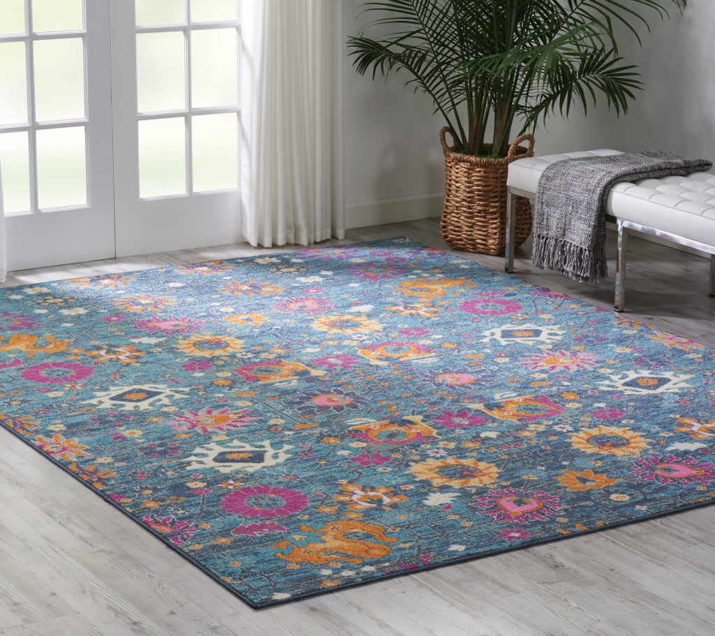 6' Blue And Orange Floral Power Loom Runner Rug