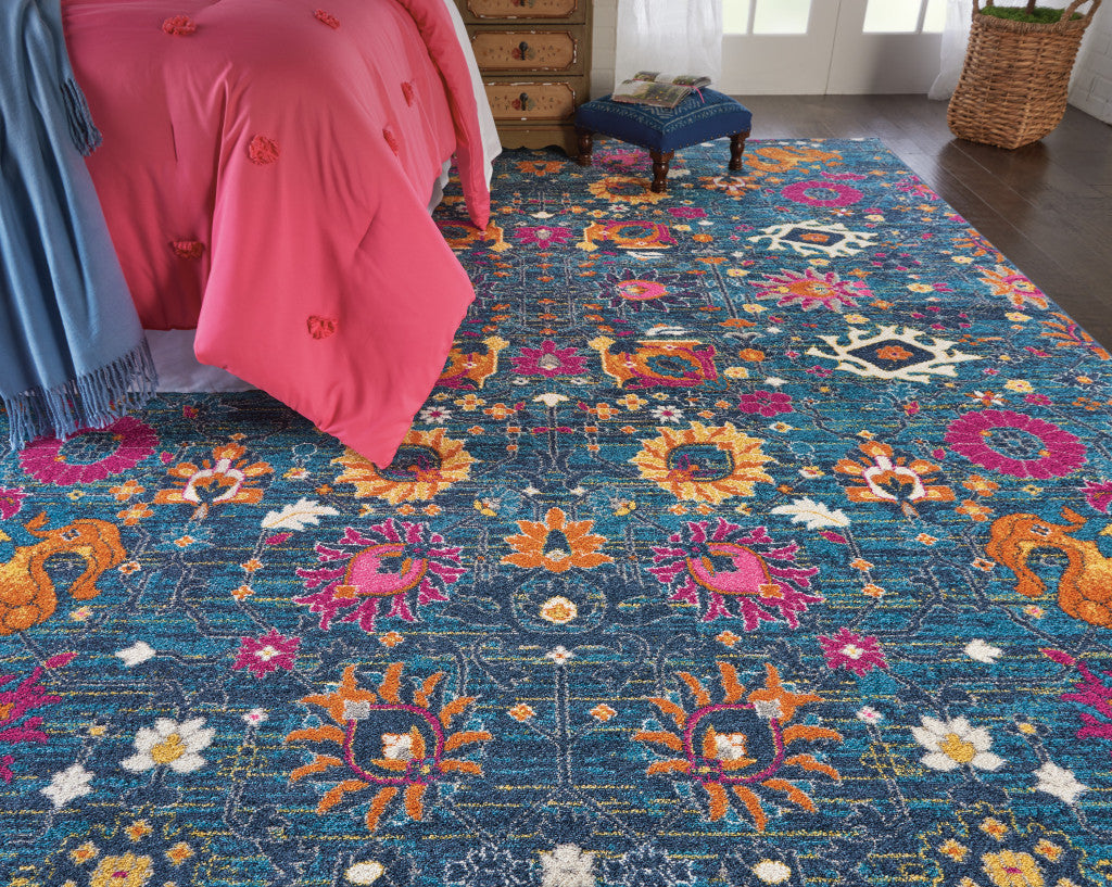 6' Blue And Orange Floral Power Loom Runner Rug