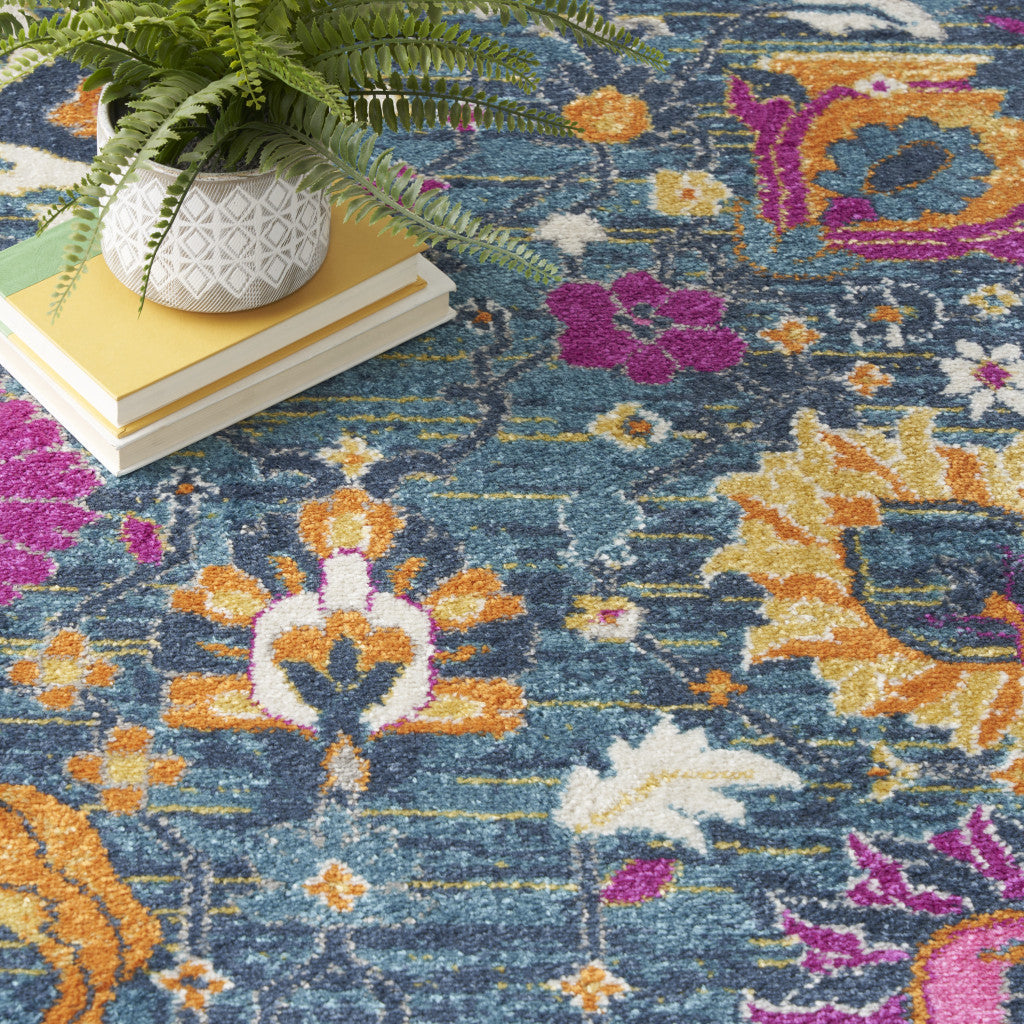 6' Blue And Orange Floral Power Loom Runner Rug