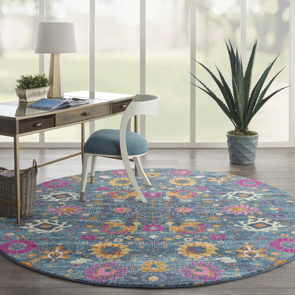 6' Blue And Orange Floral Power Loom Runner Rug