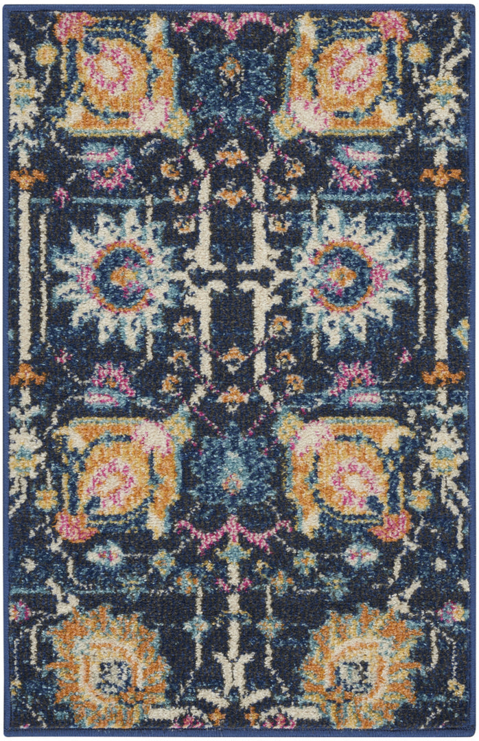 2' X 3' Navy Blue Floral Power Loom Area Rug