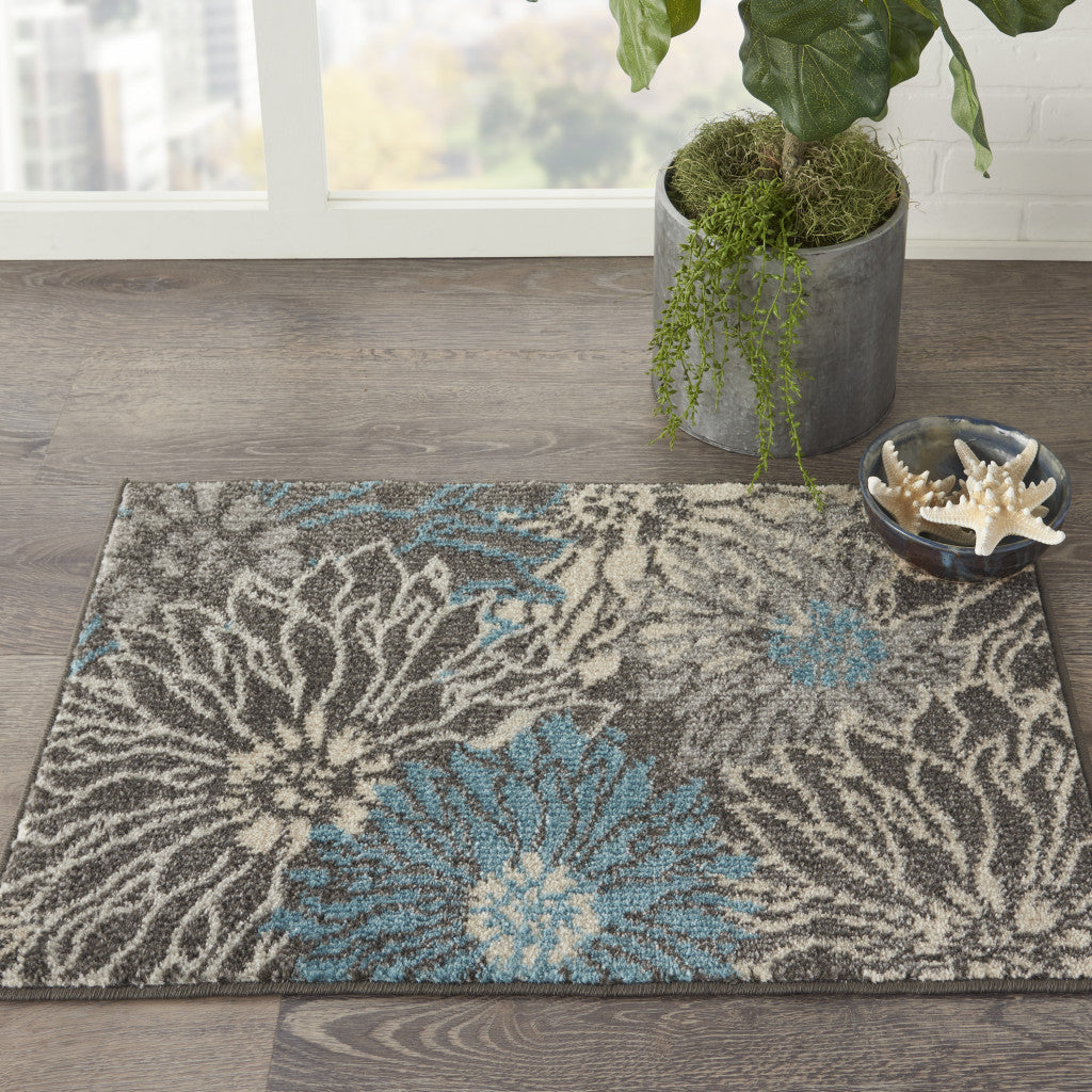 2' X 3' Blue And Gray Floral Power Loom Area Rug