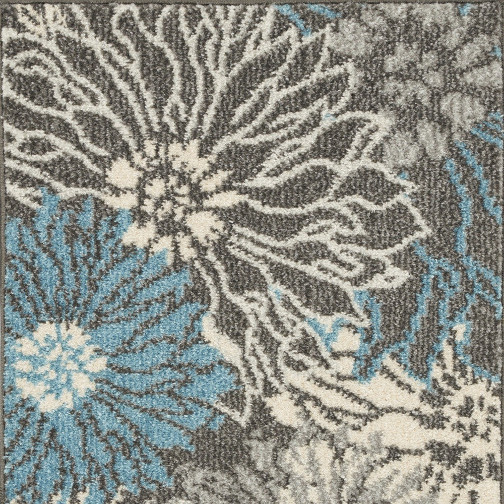 2' X 3' Blue And Gray Floral Power Loom Area Rug