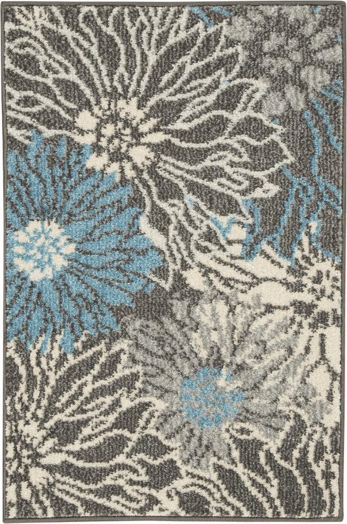 2' X 3' Blue And Gray Floral Power Loom Area Rug