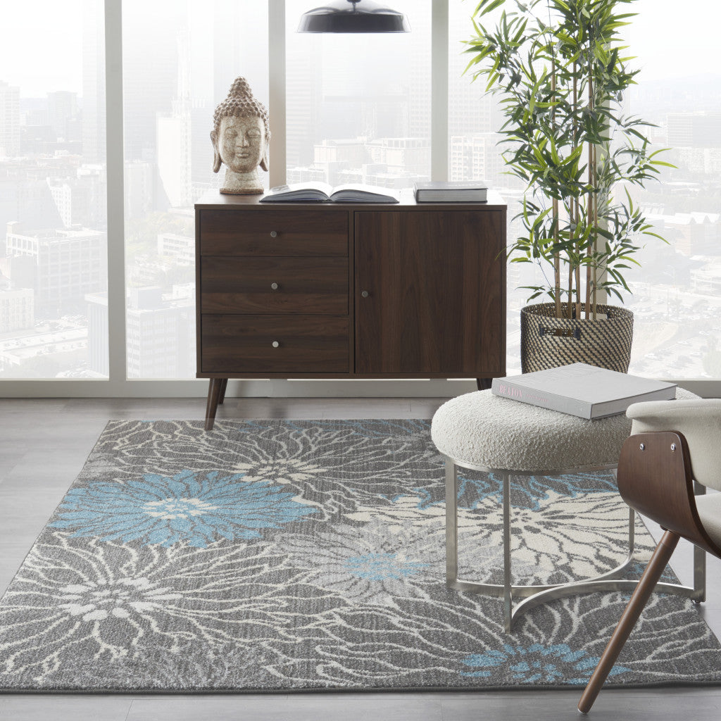 2' X 3' Blue And Gray Floral Power Loom Area Rug