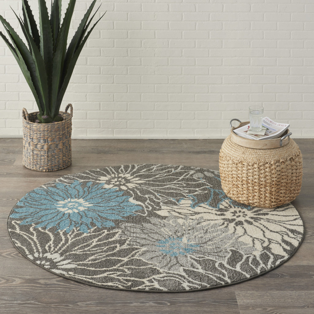 2' X 3' Blue And Gray Floral Power Loom Area Rug