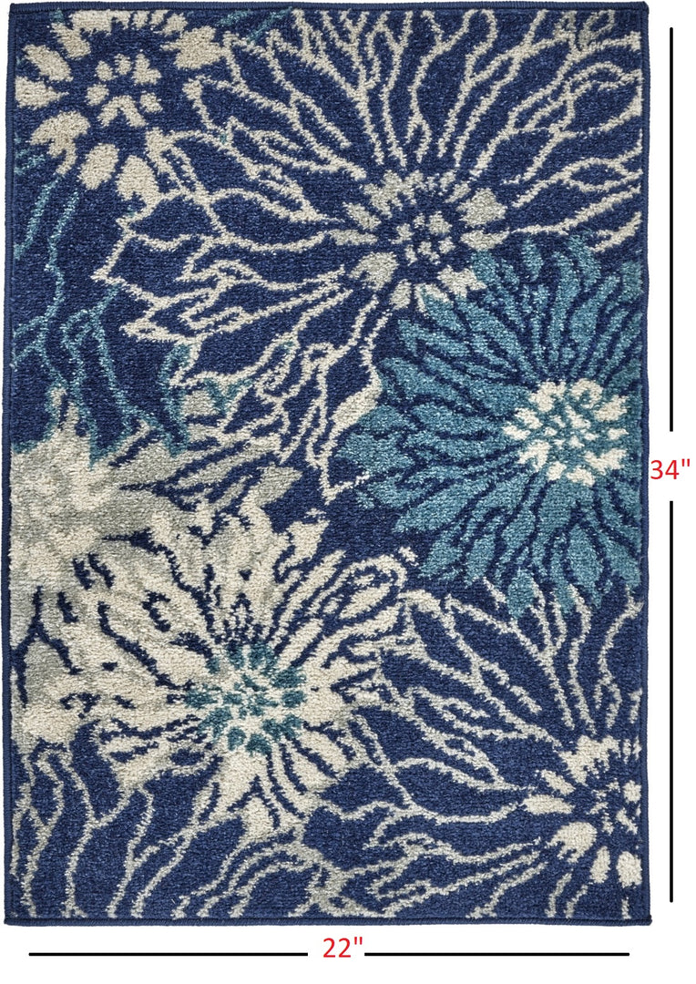 2' X 3' Blue And Ivory Floral Power Loom Area Rug