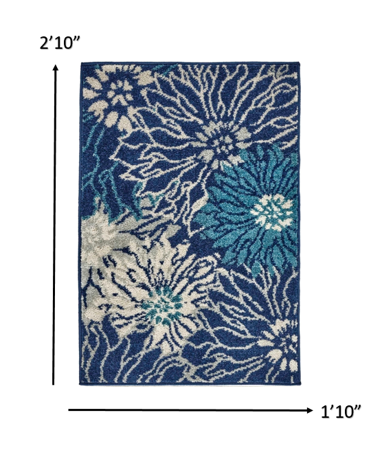 2' X 3' Blue And Ivory Floral Power Loom Area Rug