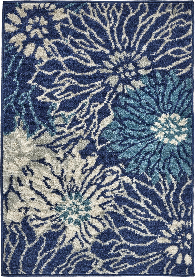 2' X 3' Blue And Ivory Floral Power Loom Area Rug