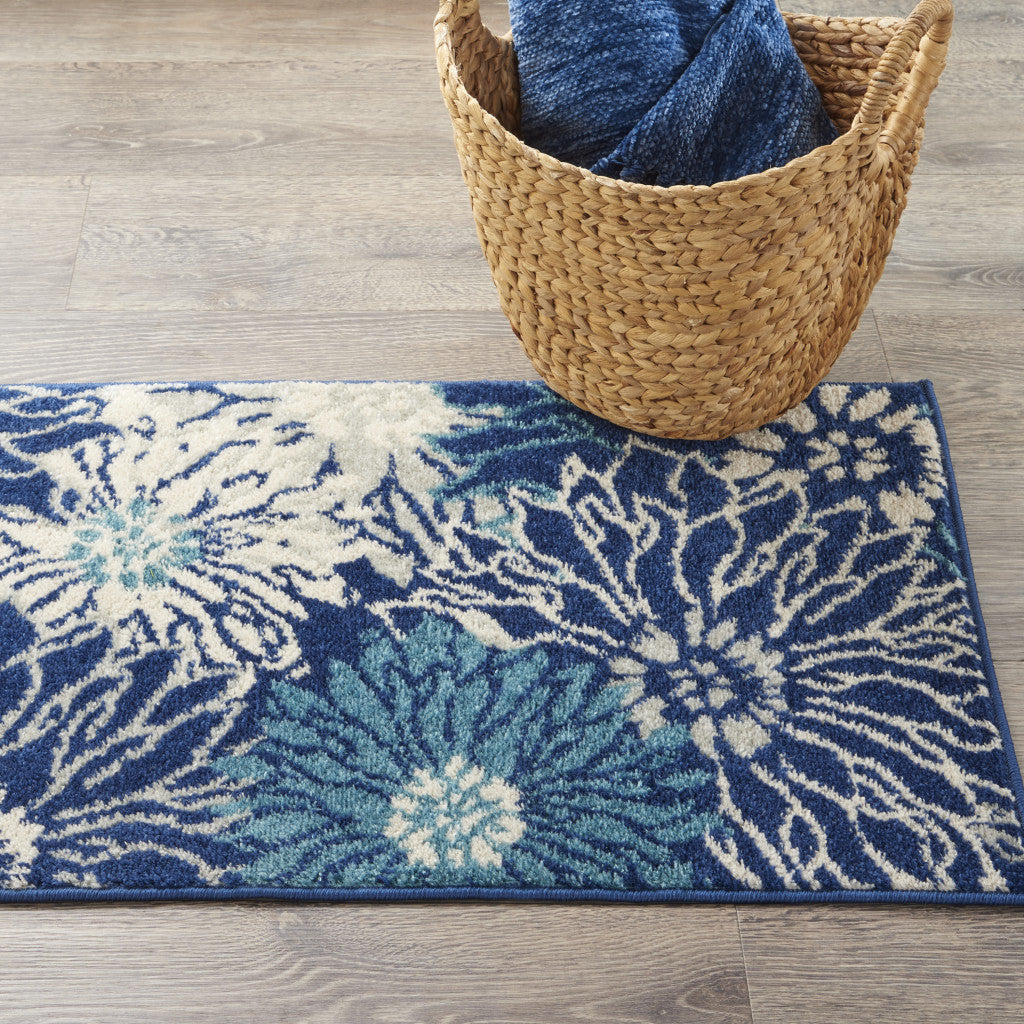 2' X 3' Blue And Ivory Floral Power Loom Area Rug