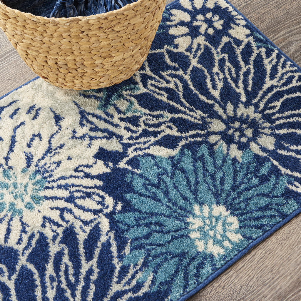 2' X 3' Blue And Ivory Floral Power Loom Area Rug