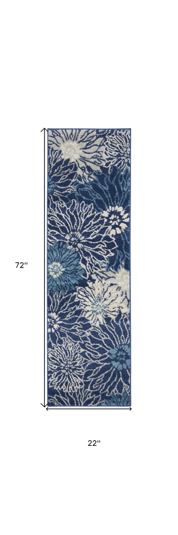 2' X 3' Blue And Ivory Floral Power Loom Area Rug