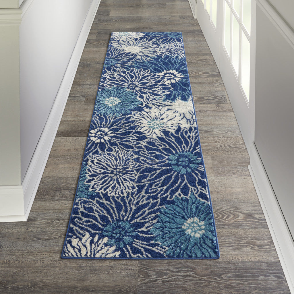 2' X 3' Blue And Ivory Floral Power Loom Area Rug