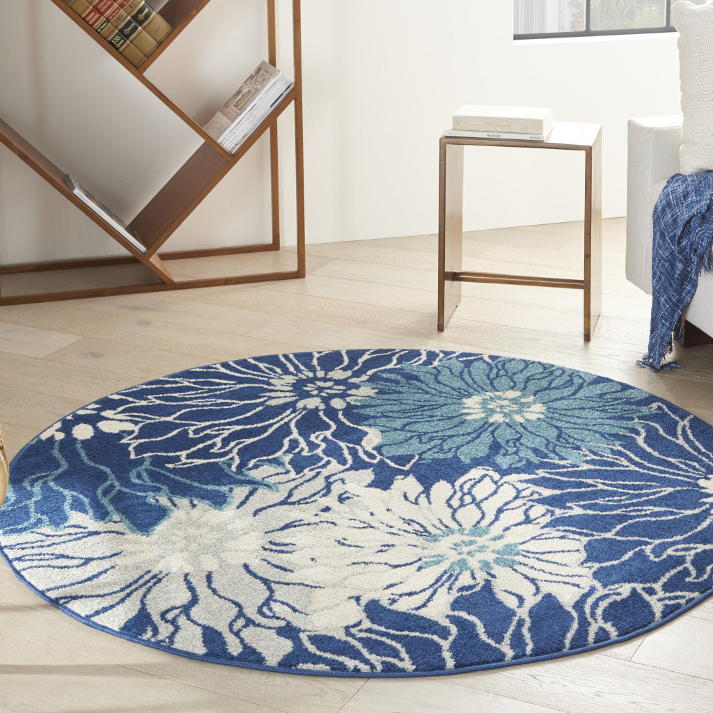 2' X 3' Blue And Ivory Floral Power Loom Area Rug