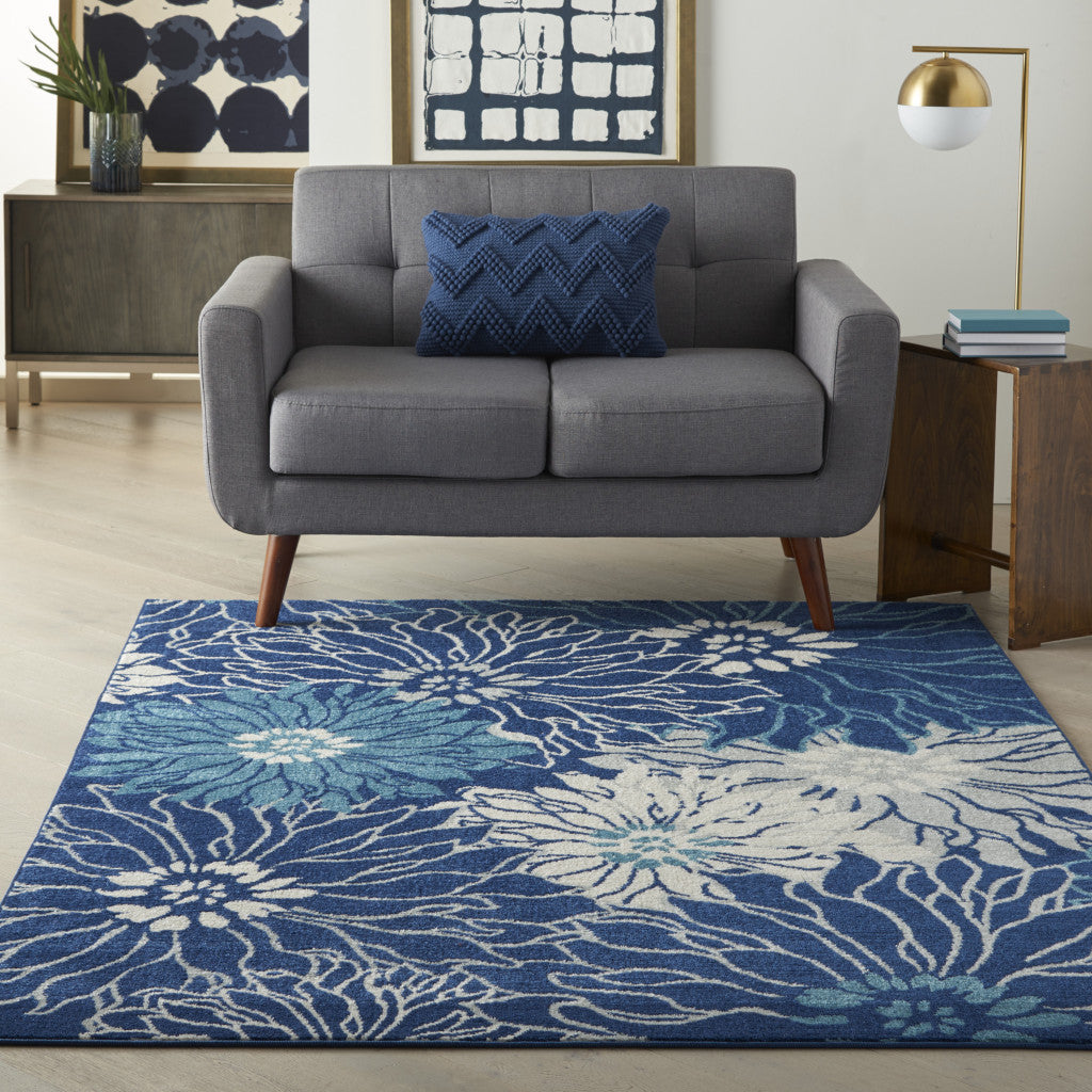 2' X 3' Blue And Ivory Floral Power Loom Area Rug