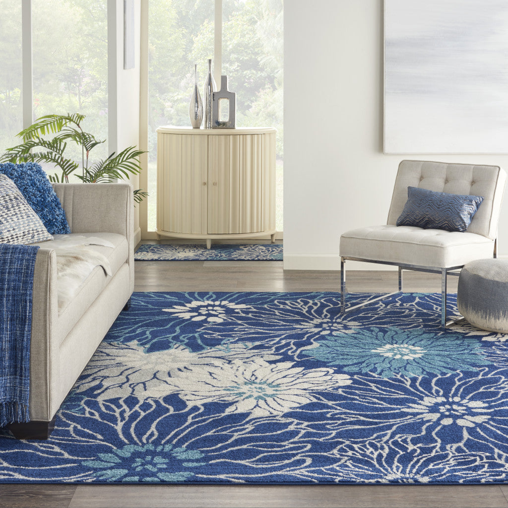 2' X 3' Blue And Ivory Floral Power Loom Area Rug