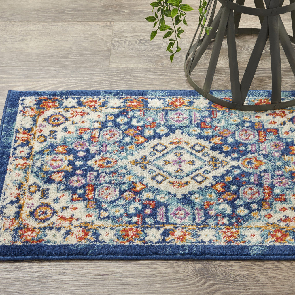 2' X 3' Blue And Ivory Medallion Scatter Rug